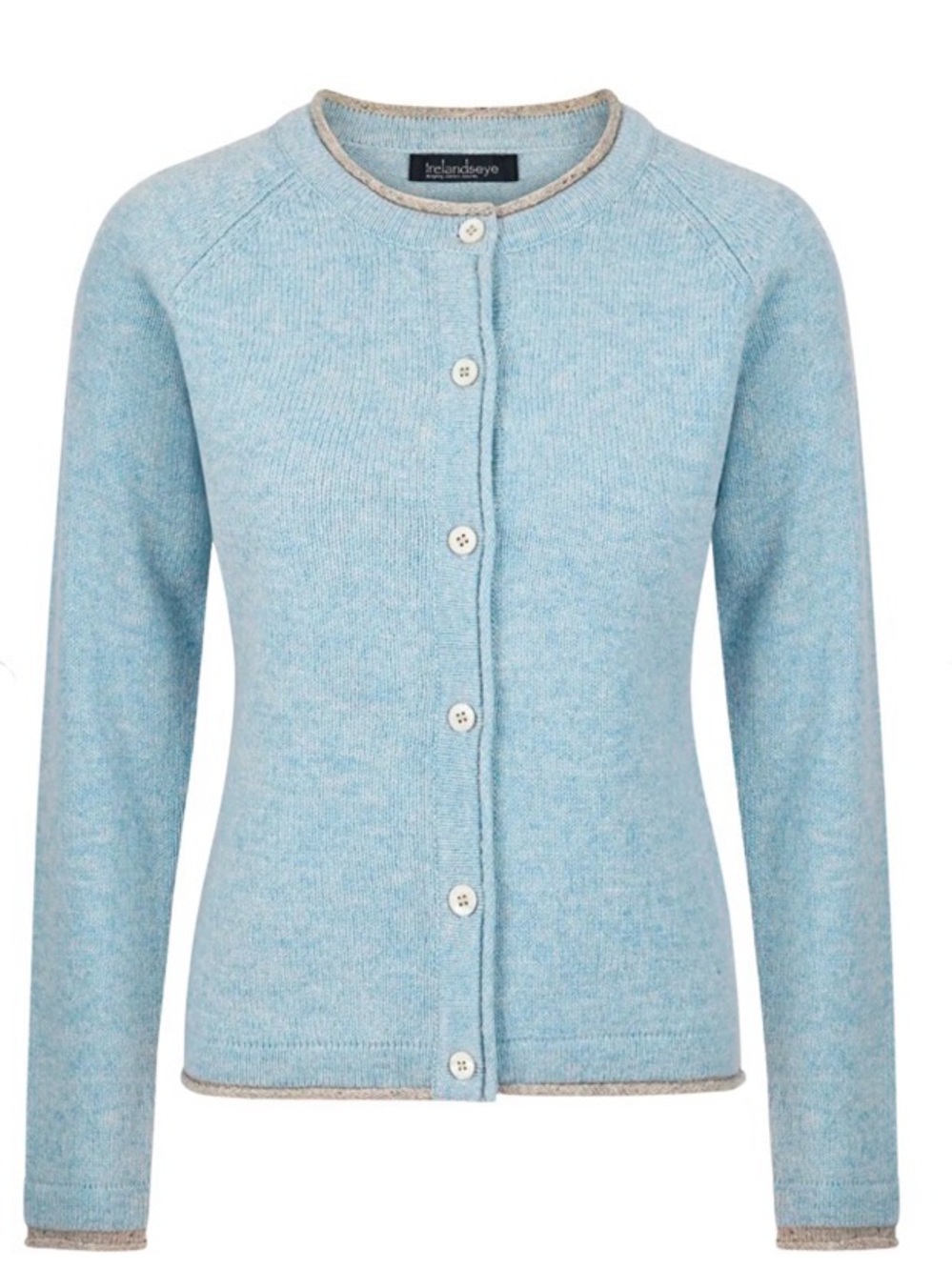 IRELANDSEYE Killiney Wool Cashmere Cardigan Light Blue Grey Trim Medium EUC